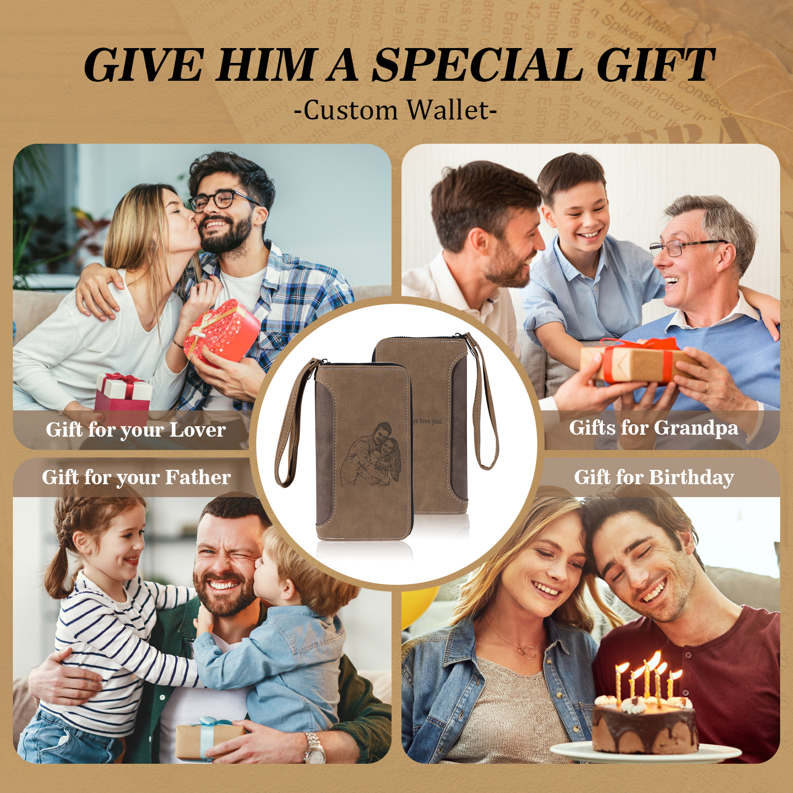 Cartera, billetera con cierre personalizada con 1 foto y 1 texto monedero para hombre-Jessemade ES