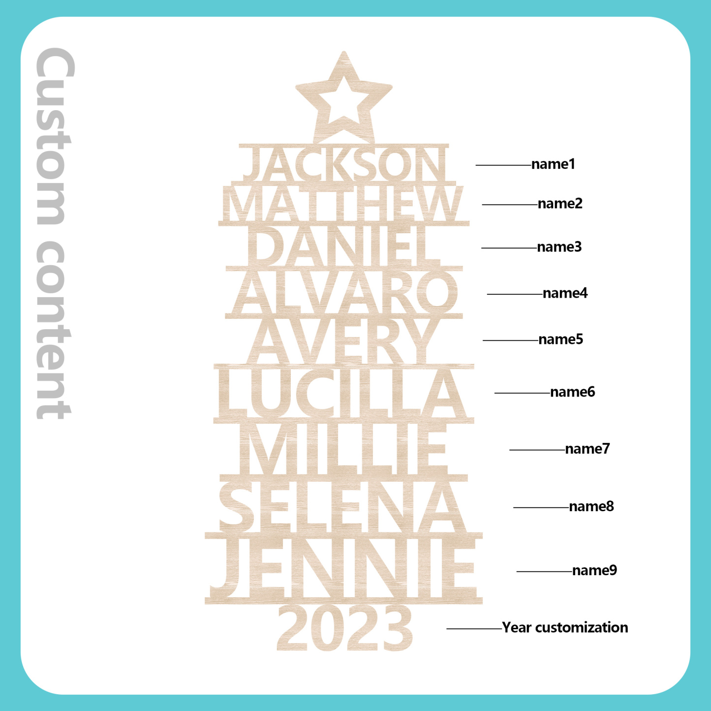 Navidad-Ornamento navideño de madera árbol de nombres con 9 nombres y año personalizados