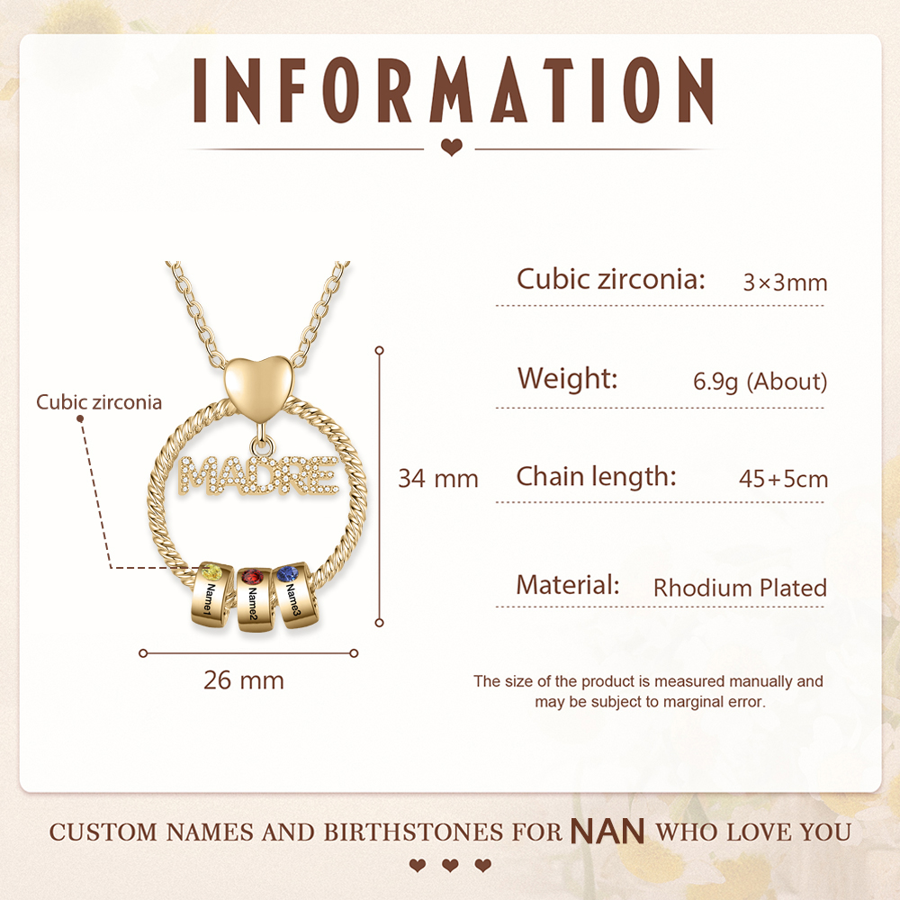 Collar con colgante de "MADRE" con 3 nombres y 3 piedras de nacimiento personalizados | Jessemade-Jessemade ES