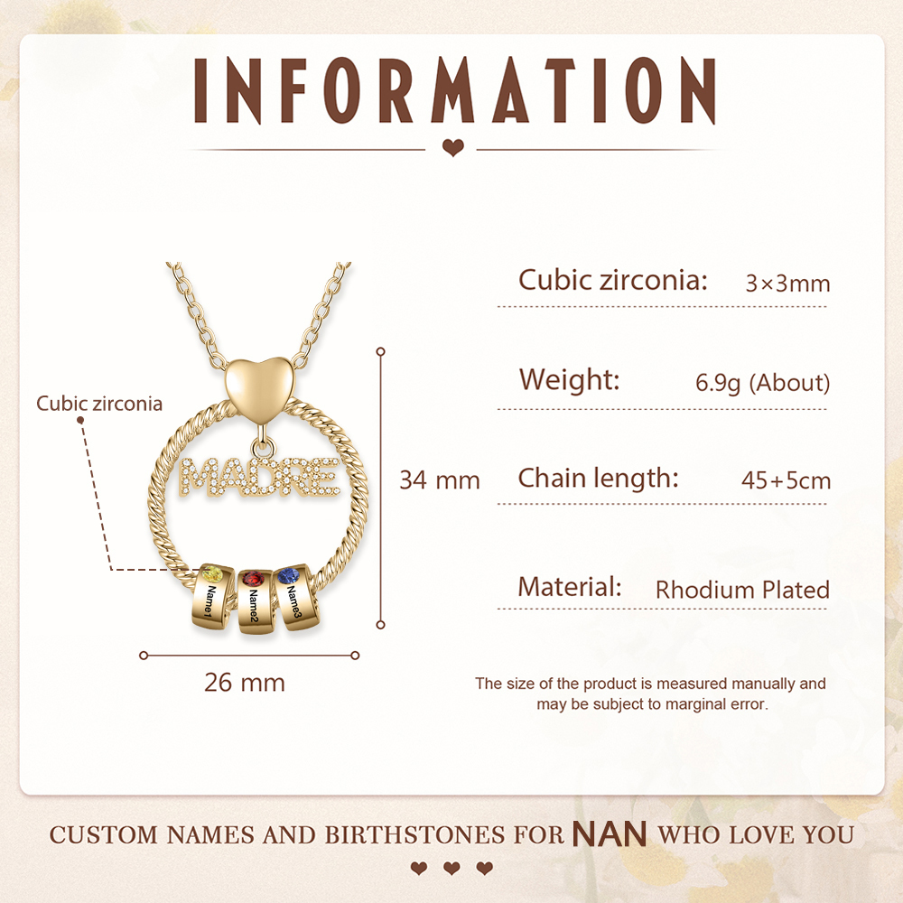 Collar con colgante de "MADRE" con 3 nombres y 3 piedras de nacimiento personalizados | Jessemade-Jessemade ES
