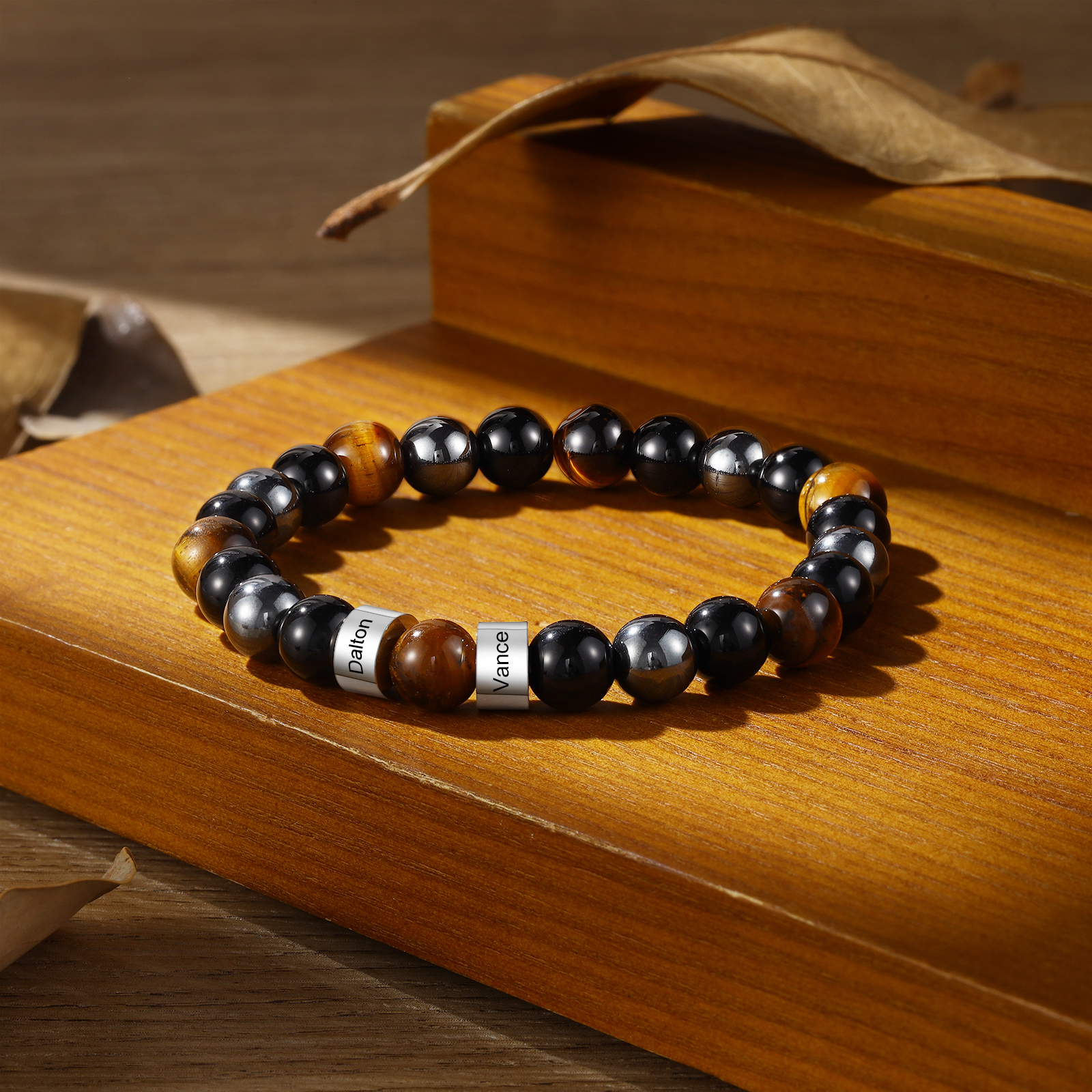 Pulsera de tres tipos de perlas personalizada con 2 nombres para hombre-Jessemade ES