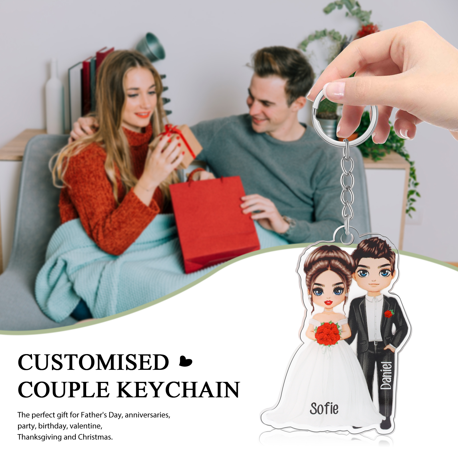 Llavero de acrílico con muñecos de pareja en boda 2 nombres personalizados-Jessemade ES