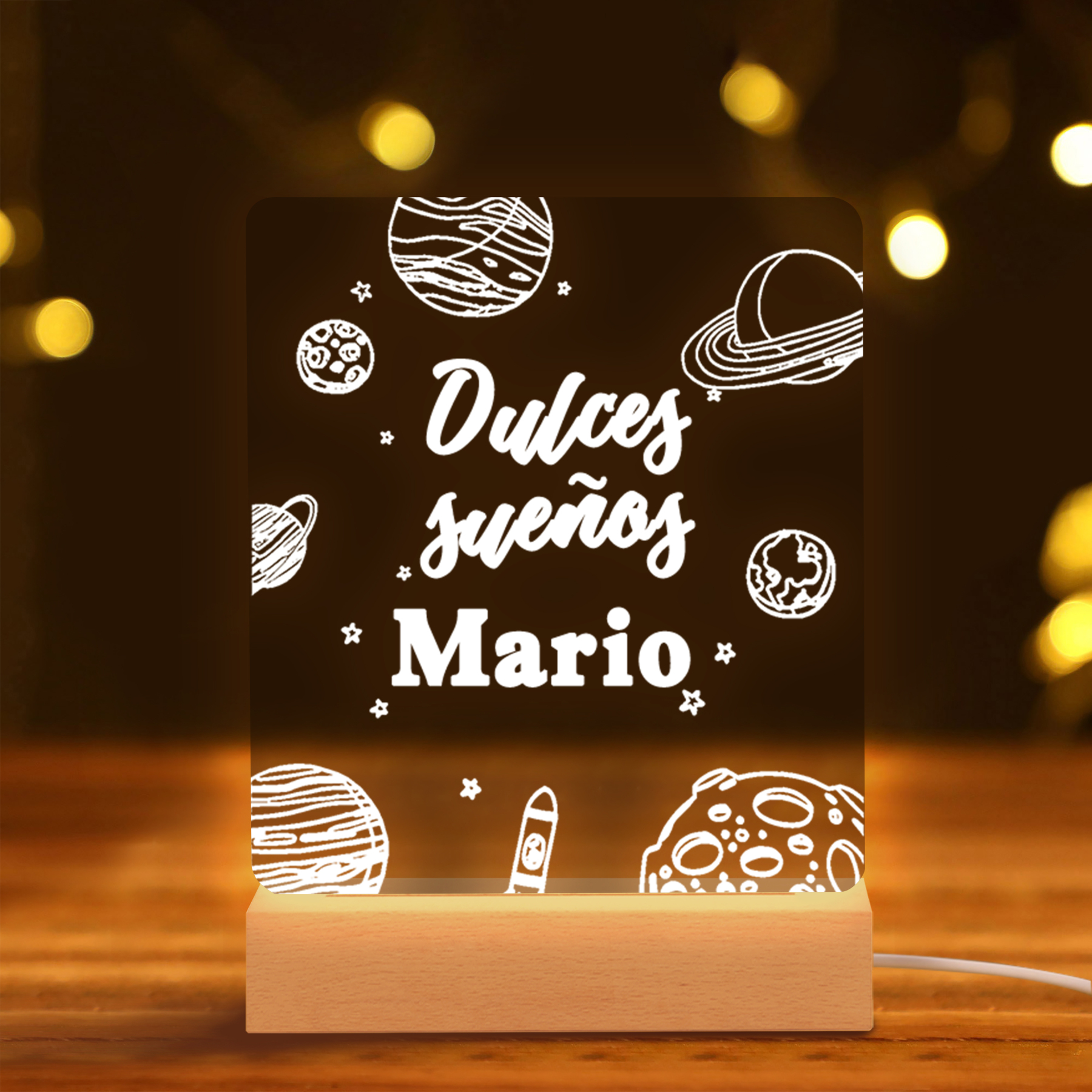 Lámpara Ilusión 3D Luz de Noche LED Dulces Sueños Espacio y Planetas con Nombre Personalizado-Jessemade ES