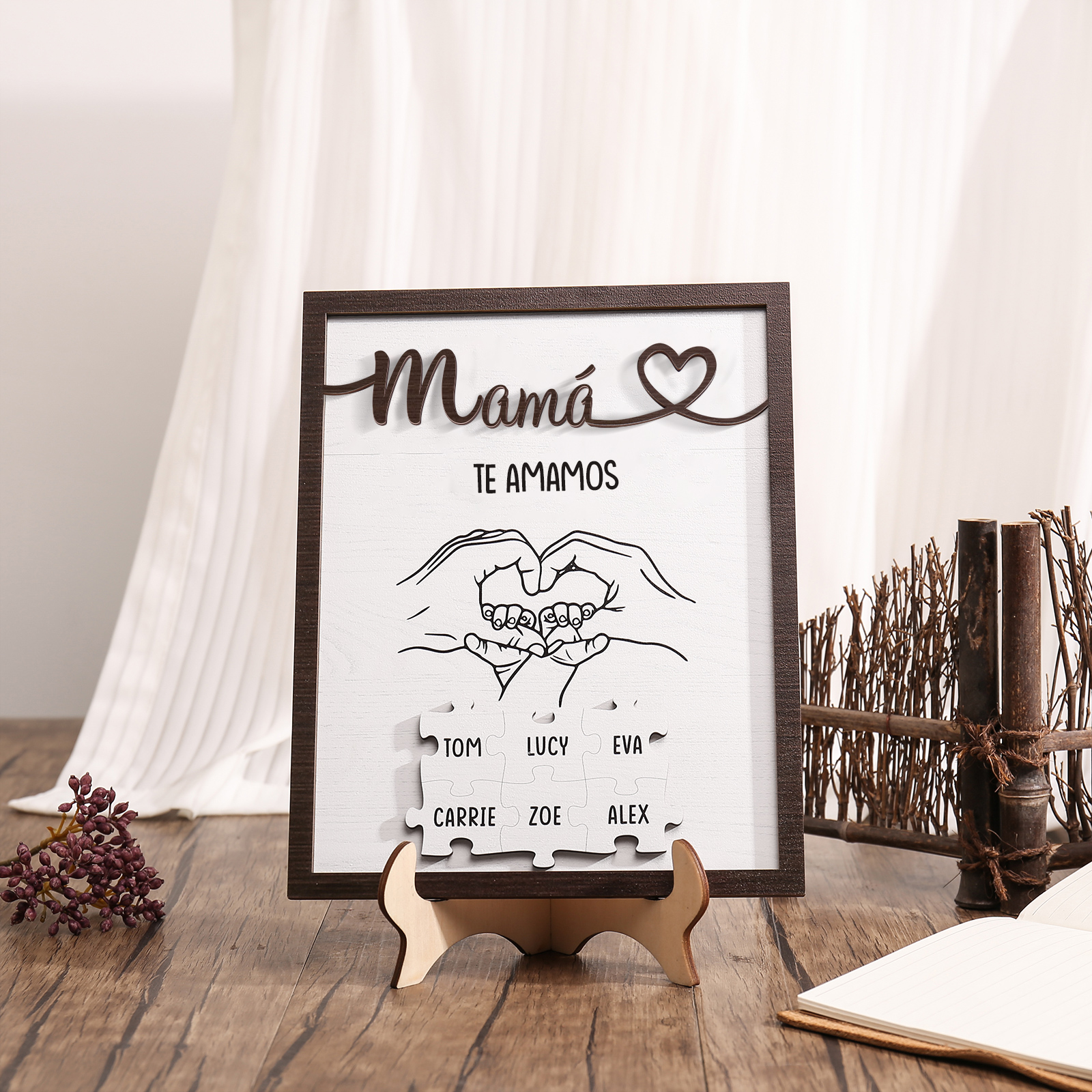 A mi mamá-Adorno 2-6 nombres y 1 texto personalizados decoración de madera rompecabezas-Jessemade ES