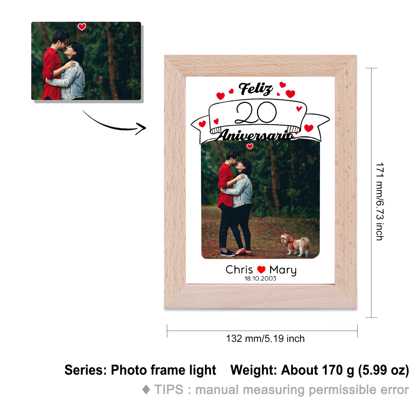 Marco con lámpara aniversario de 1 foto de madera para pareja 2 nombres, fecha y número personalizados-Jessemade ES