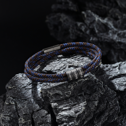 Pulsera de triple cuerda azul y marrón con 3 aros 3 nombres personalizados pulsera de hombre -Jessemade ES