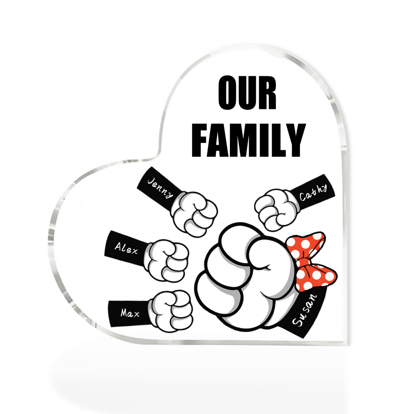 A mi mamá/abuela-Placa de acrílico "Puños" en forma de corazón 5 nombres y 1 texto personalizados-Jessemade ES