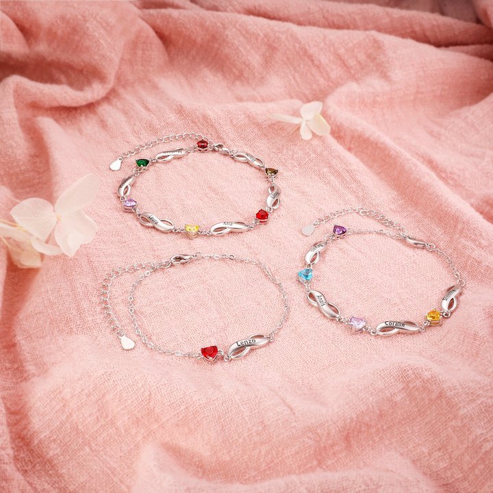 Pulsera "infinito" personalizada con 4 nombres y 4 piedras de nacimiento de corazón-Jessemade ES