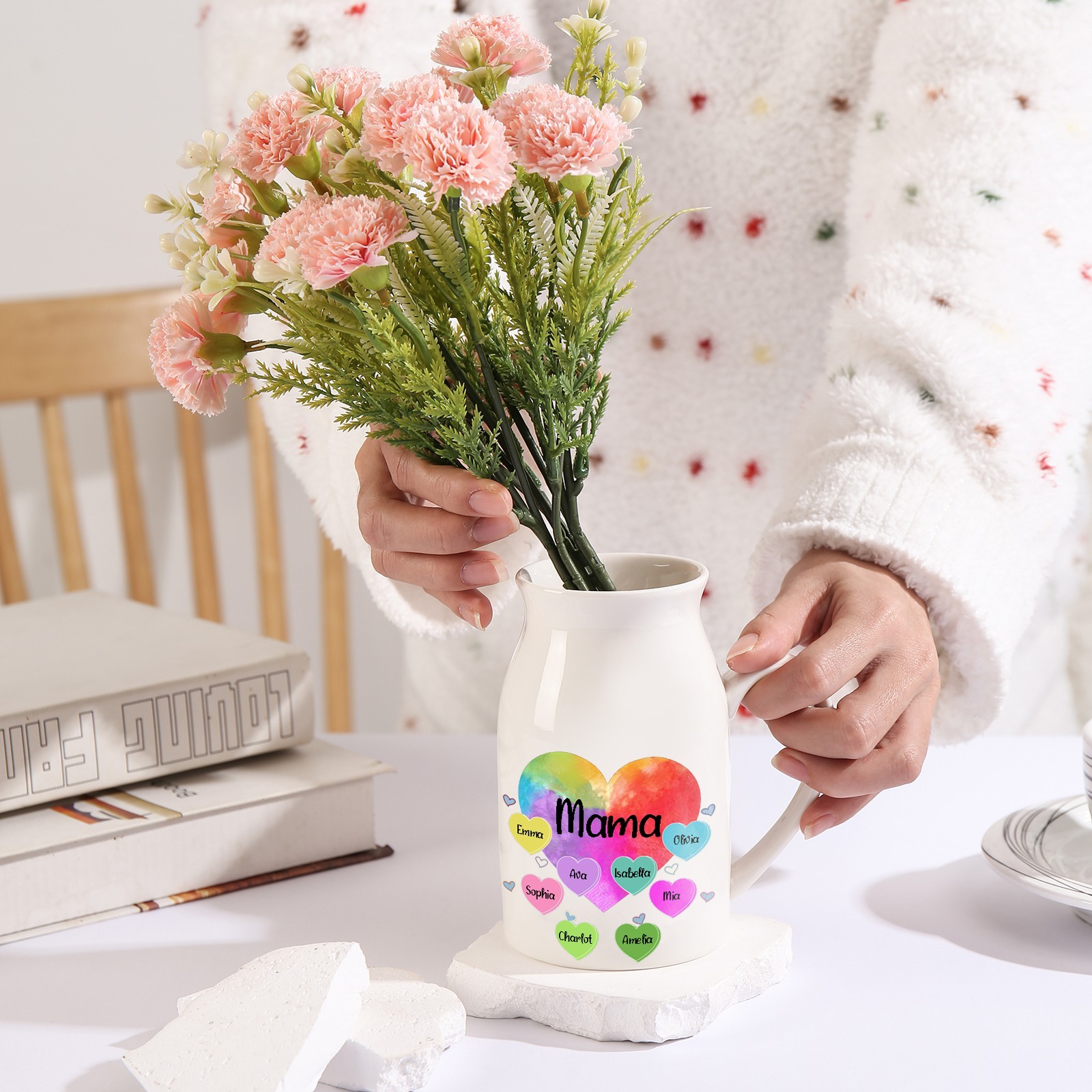 Florero de cerámica corazones 2-8 nombres personalizados con texto decoración del hogar-Jessemade ES