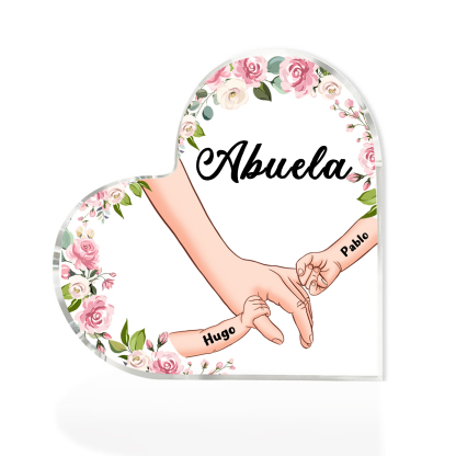 A mi mamá/abuela-Placa de acrílico en forma de corazón mano a mano con 1 texto y 2 nombres personalizados | Jessemade