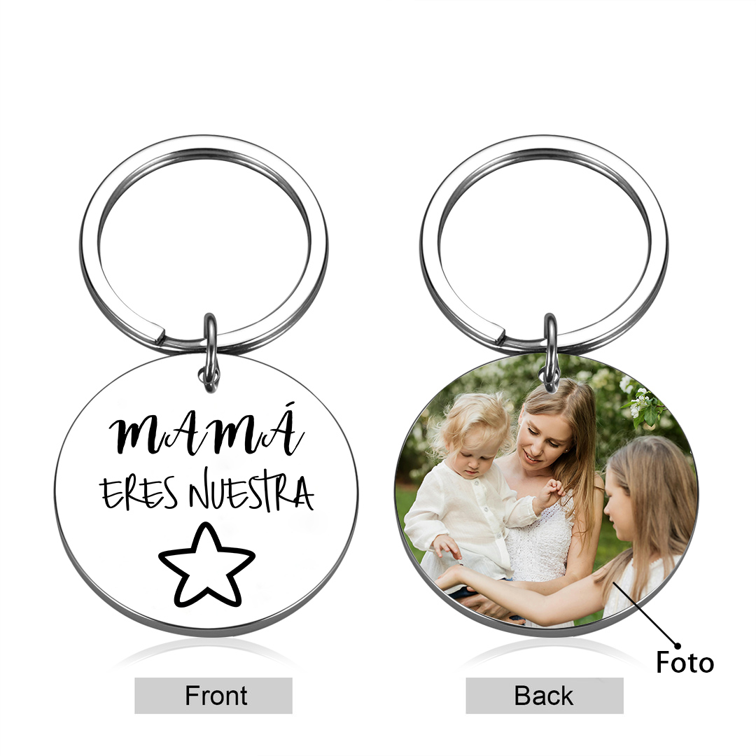 A mi mamá - Llavero de placa redonda "mamá, nuestra estrella" con 1 foto personalizada-Jessemade ES