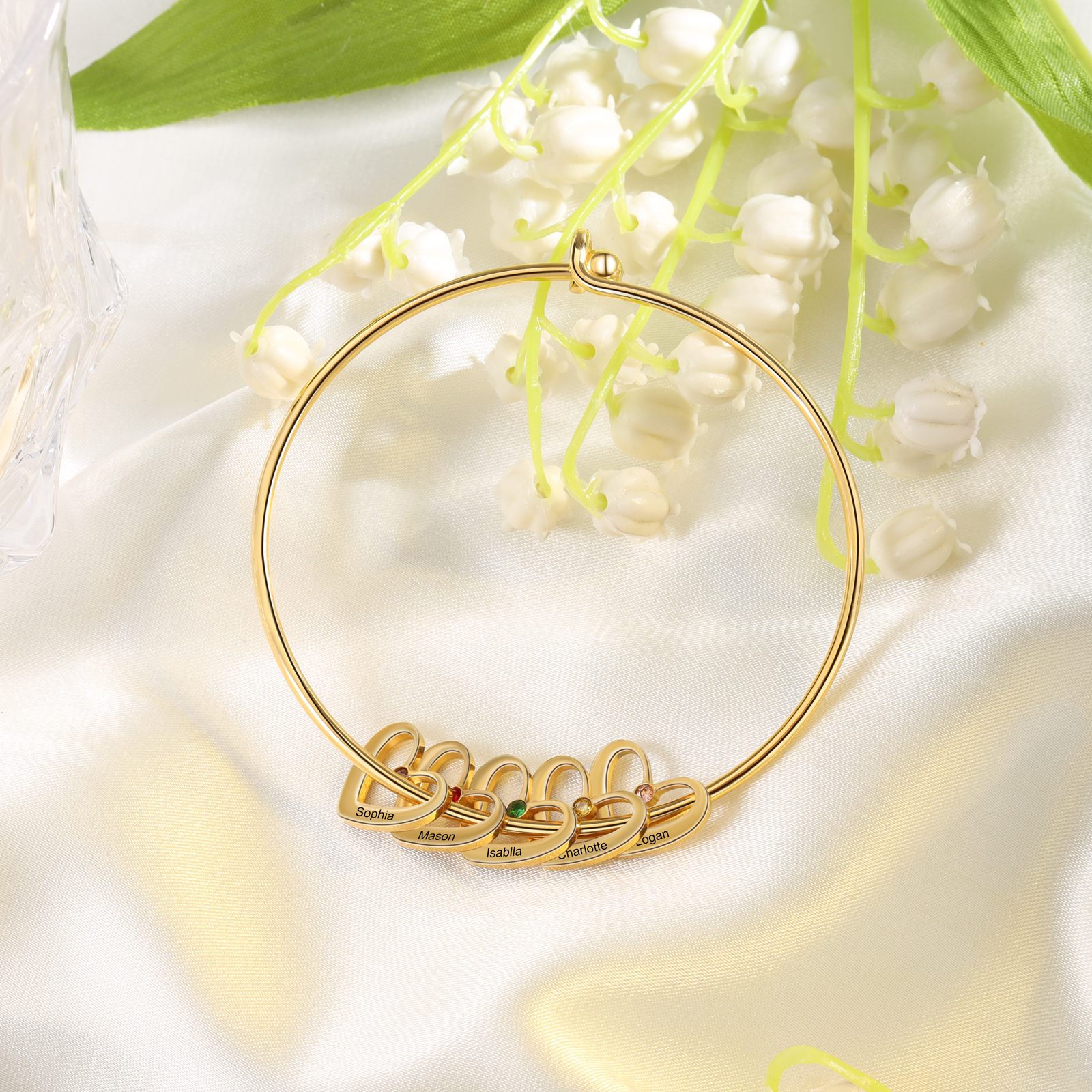 Pulsera 2-6 nombres y piedras de nacimiento personalizados con colgantes de corazón oro-Jessemade ES