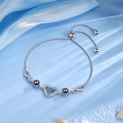Pulsera con proyección de foto en color y foto en dije de corazón con infinitos, Brazalete de proyección-Jessemade ES
