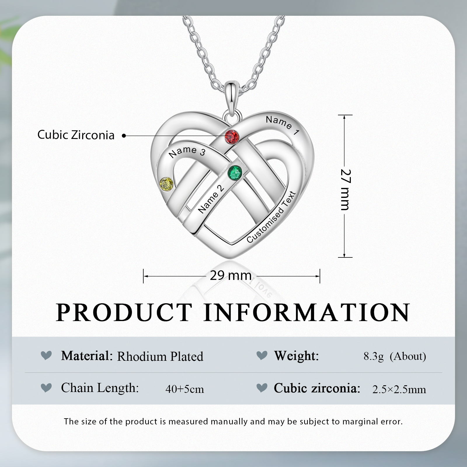 Collar de corazón con 3 nombres y piedras de nacimiento personalizados con texto-Jessemade ES