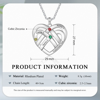 Collar de corazón con 3 nombres y piedras de nacimiento personalizados con texto-Jessemade ES