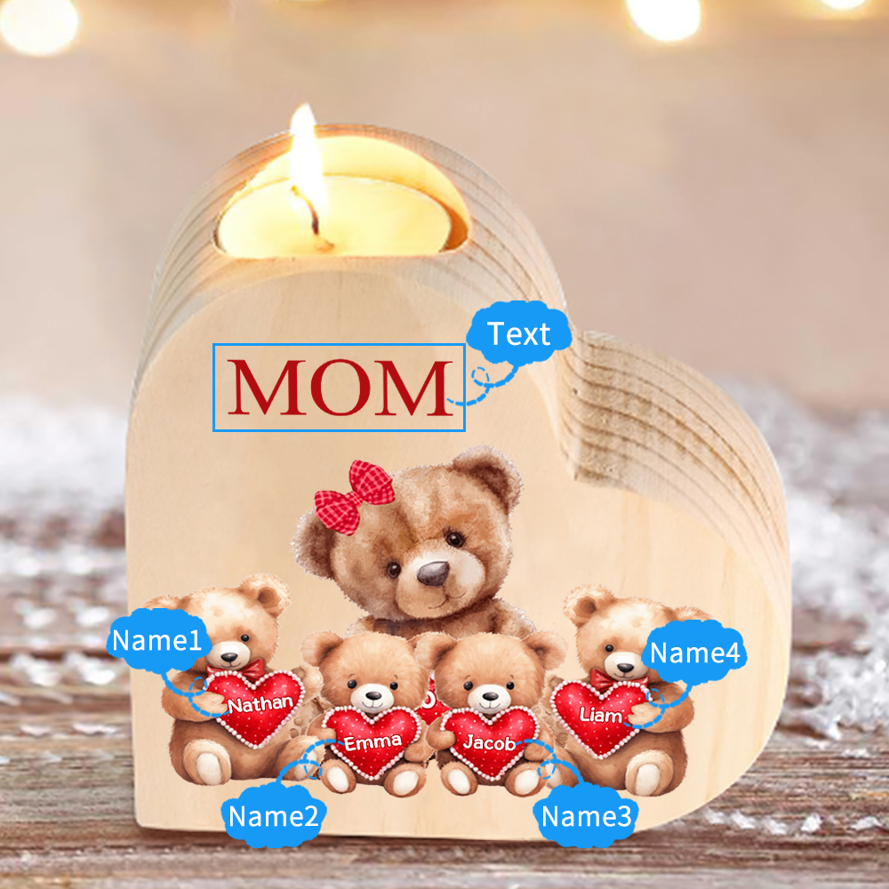 A mi mamá/abuela-Candelero osos 1-6 nombres y 1 texto personalizados en forma de corazón de madera sin candela-Jessemade ES