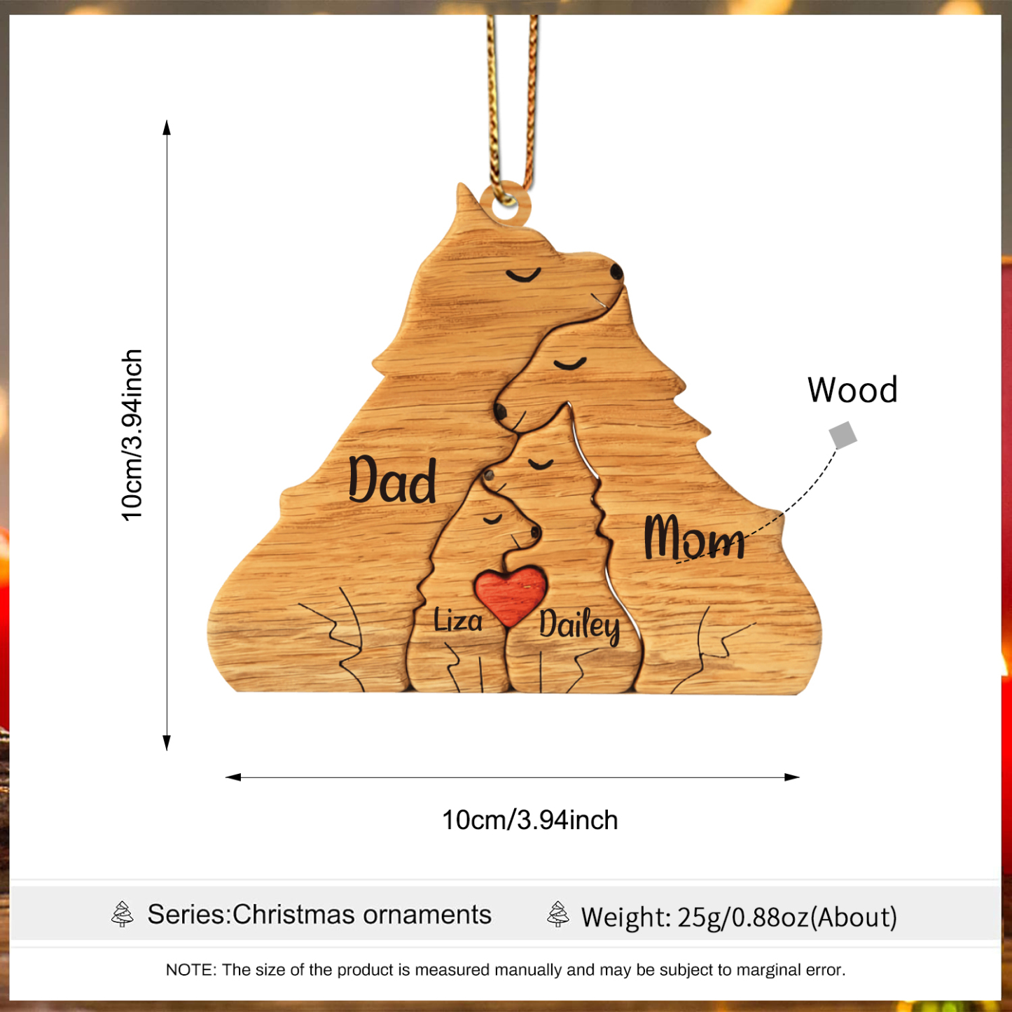 Navidad-Ornamento muñecos navideño de madera familia de zorros 4 nombres personalizados adorno del árbol-Jessemade ES