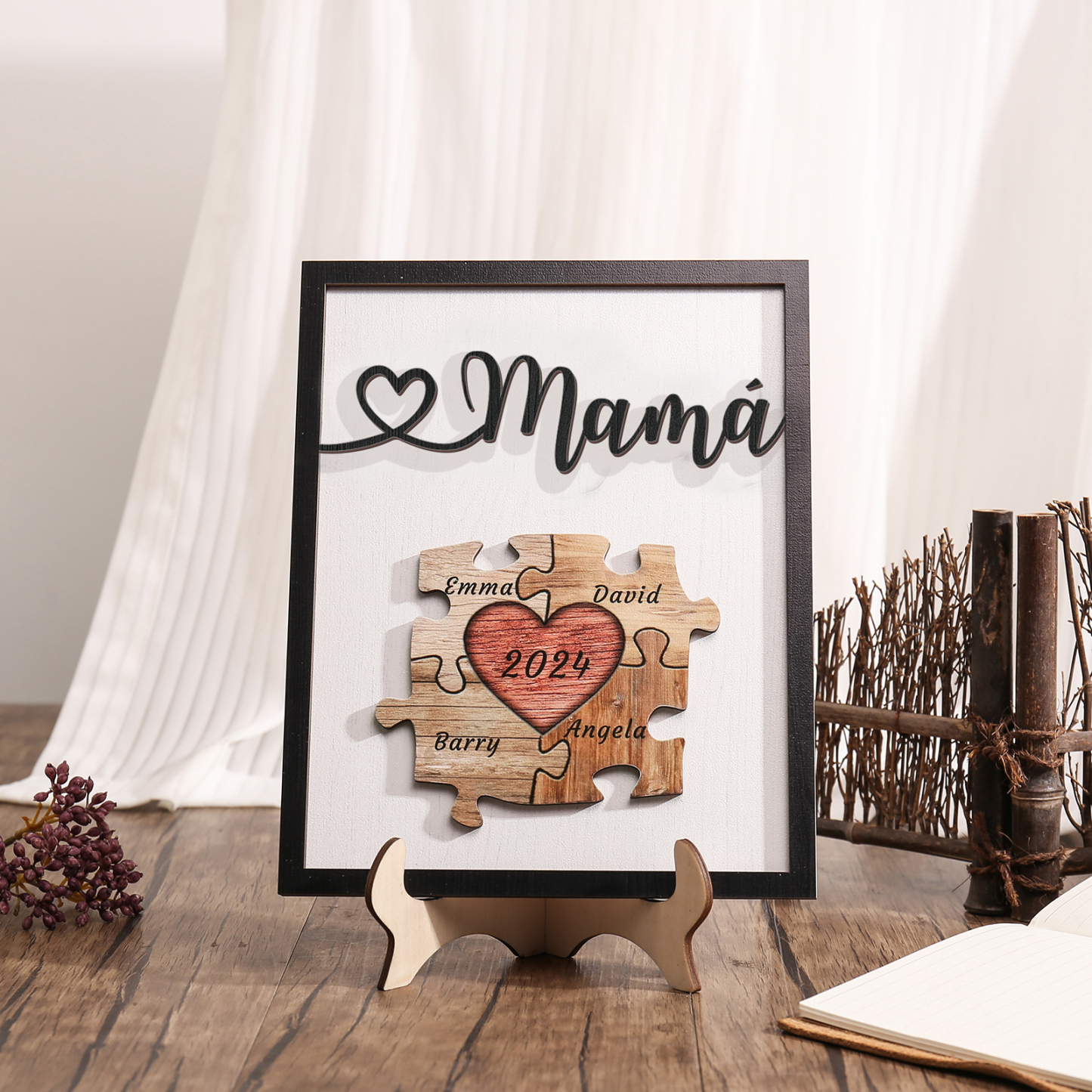 A mi mamá-Adorno 2-6 nombres y año personalizados decoración de madera rompecabezas-Jessemade ES