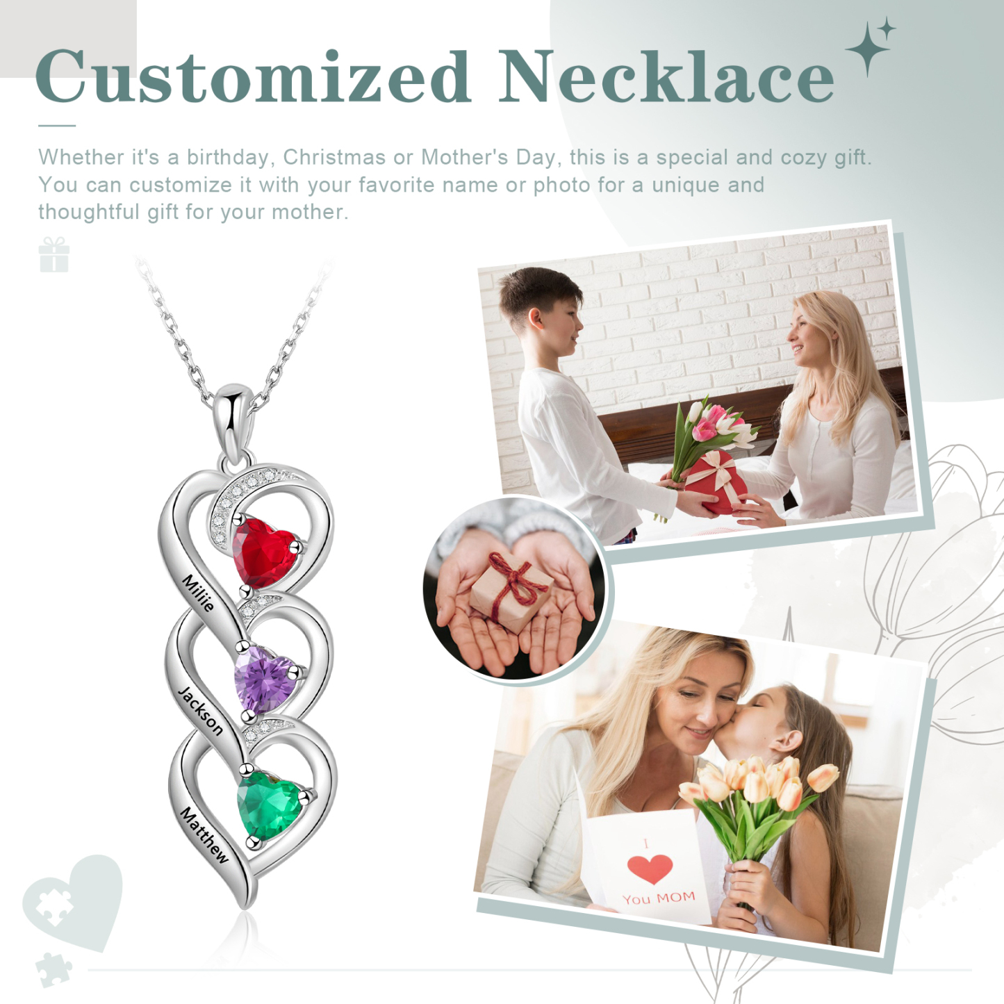 Collar de tres corazones con 3 nombres y piedras de nacimiento personalizados-Jessemade ES