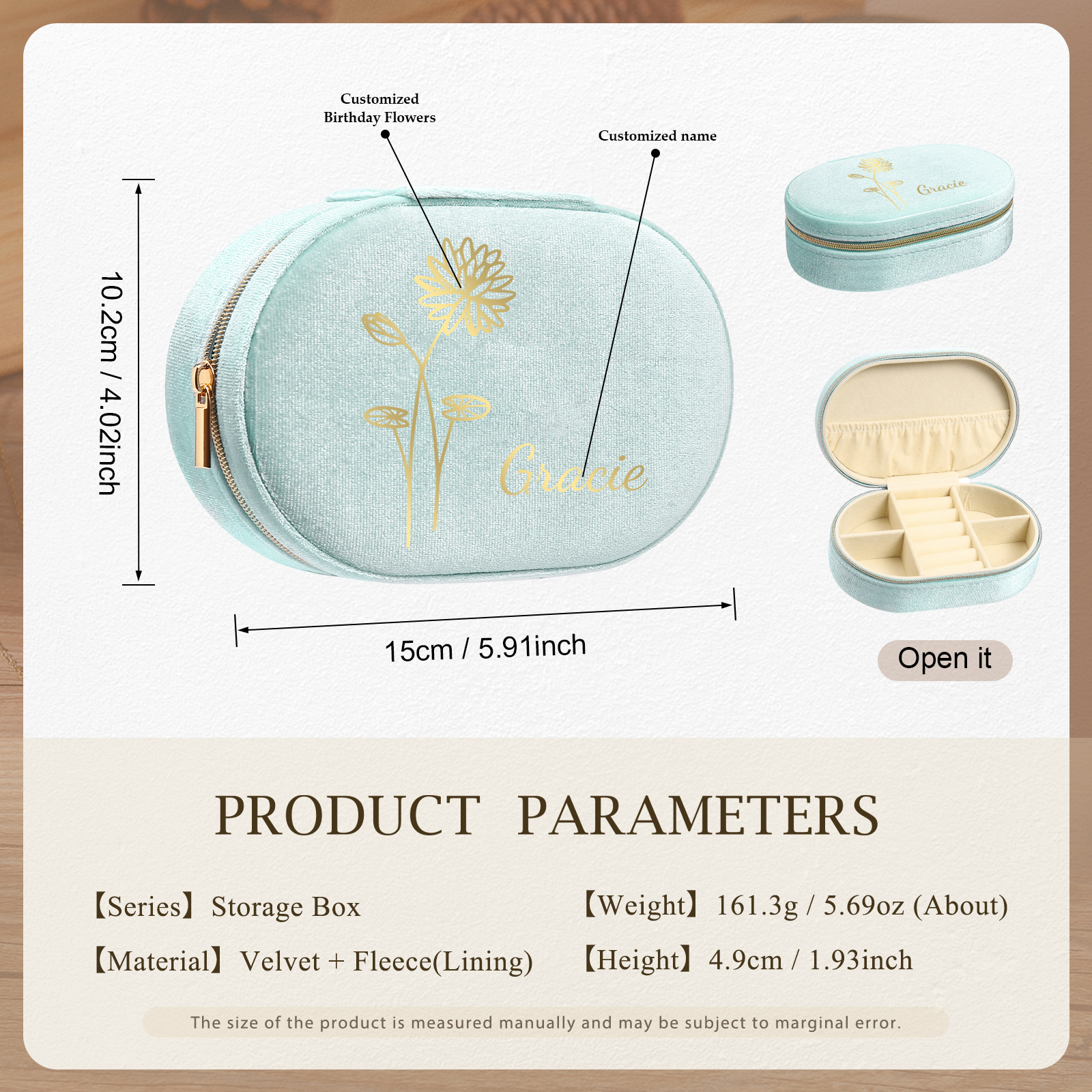 Caja de regalo para joya personalizada con nombre y flor de nacimiento-Jessemade ES
