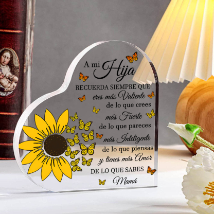 A mi hija-Placa de acrílico en forma de corazón de girasol con 1 nombre personalizado-Jessemade ES