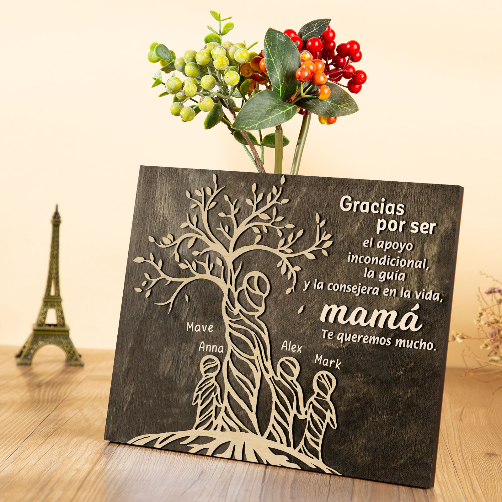 A mi mamá-Lámina mujer de árbol marco de madera personalizado con 4 nombres-Jessemade ES