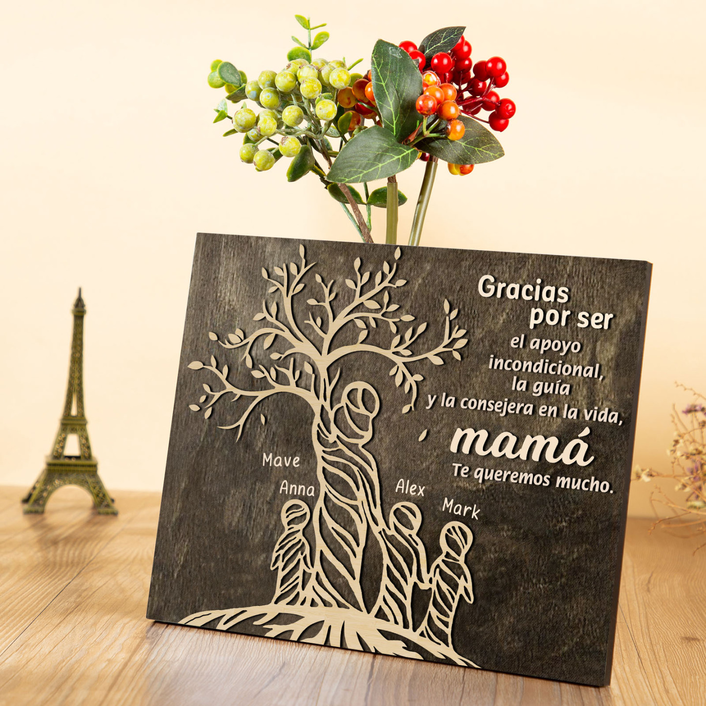 A mi mamá-Lámina mujer de árbol marco de madera personalizado con 4 nombres-Jessemade ES