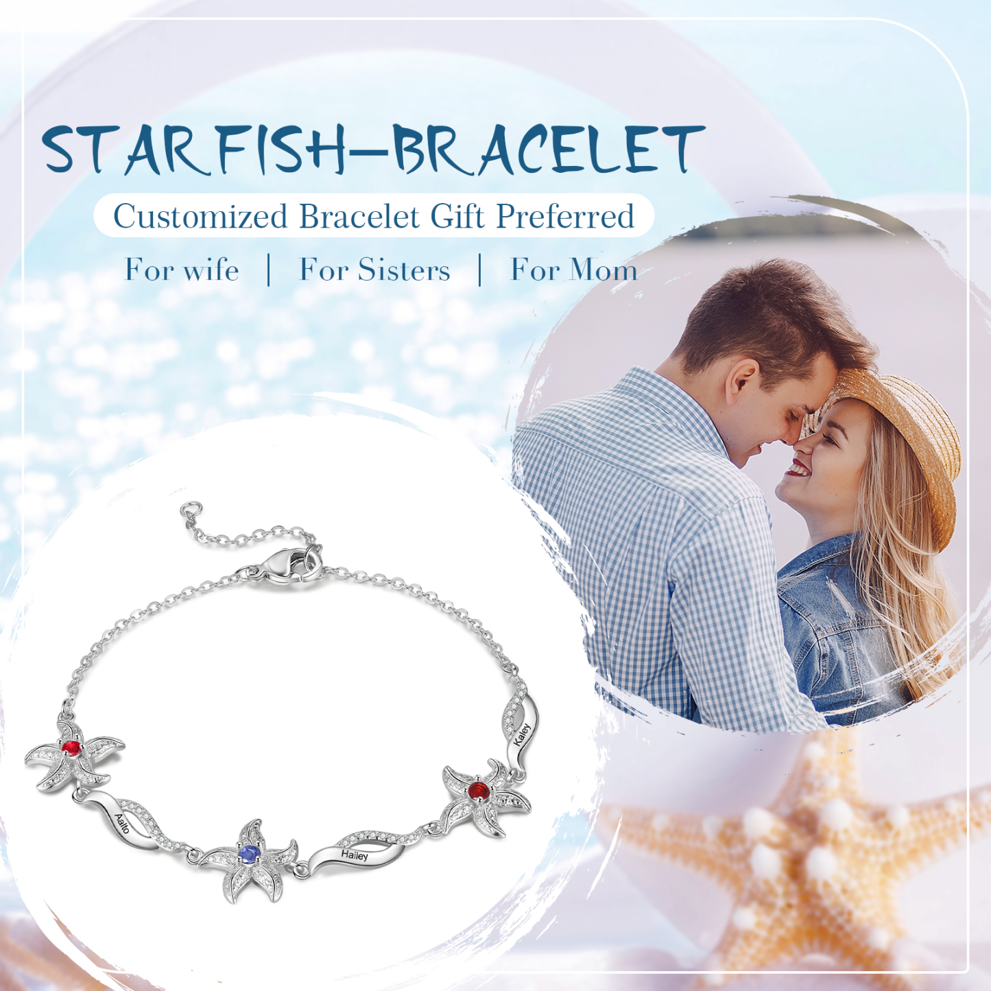 Pulsera con dije de estrella de mar para mujer personalizada con 3 nombres y 3 piedras de nacimiento-Jessemade ES