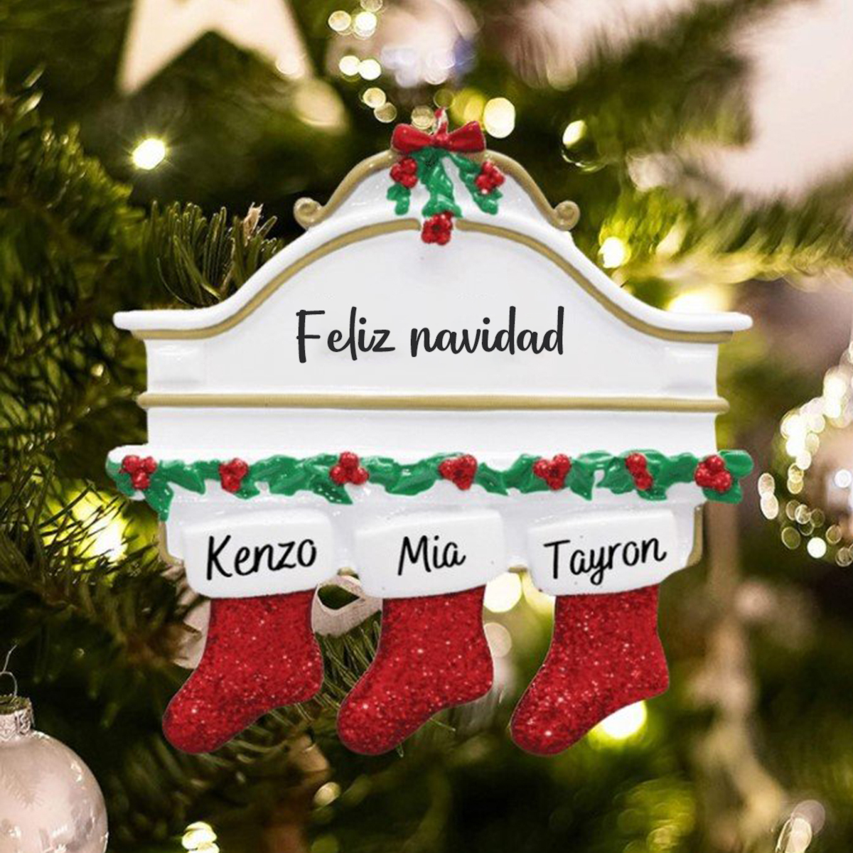 Ornamento navideño 3 nombres personalizados con texto Adorno