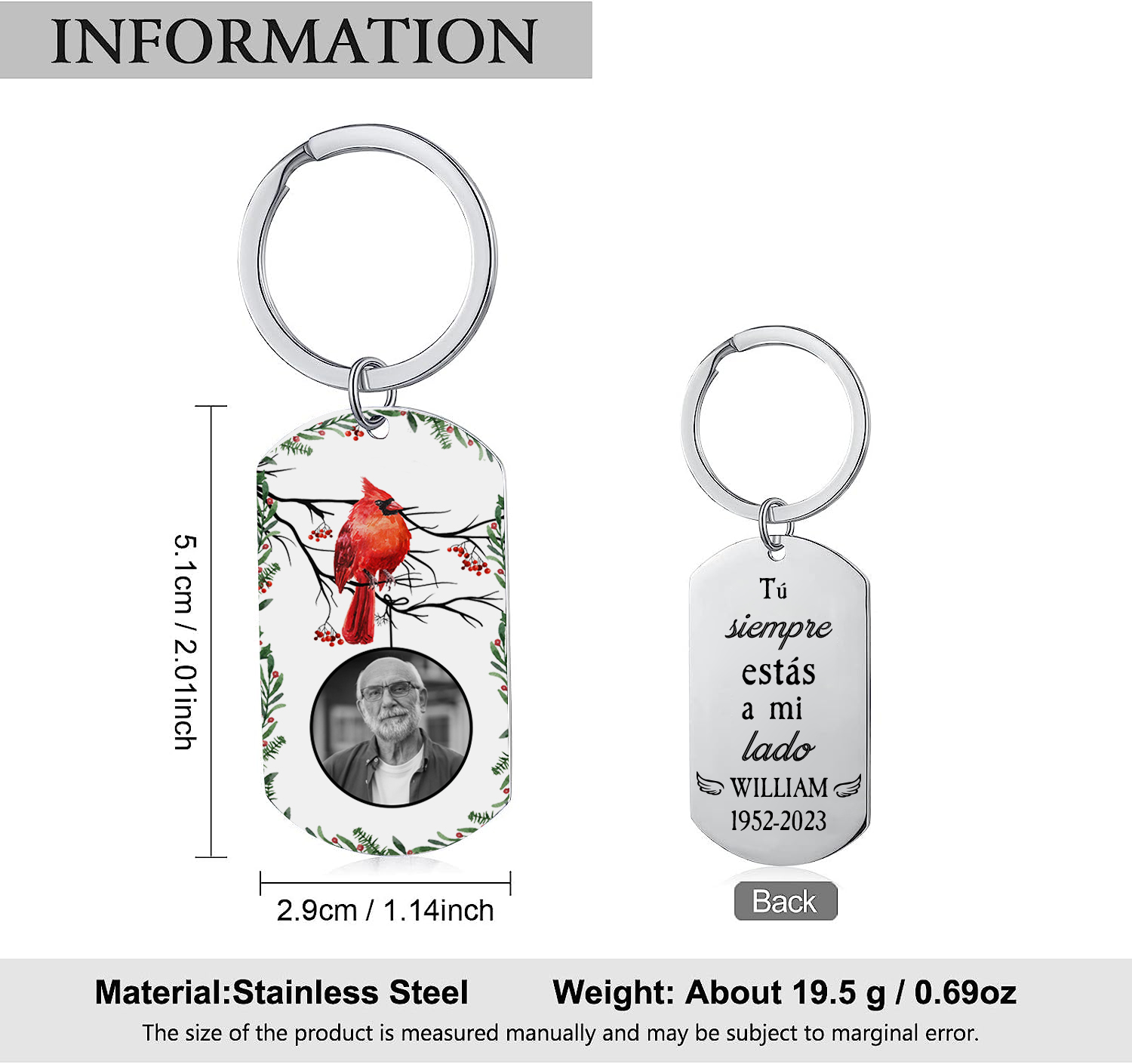 Llavero conmemorativo a un ser querido personalizado con foto, nombre y años-Jessemade ES