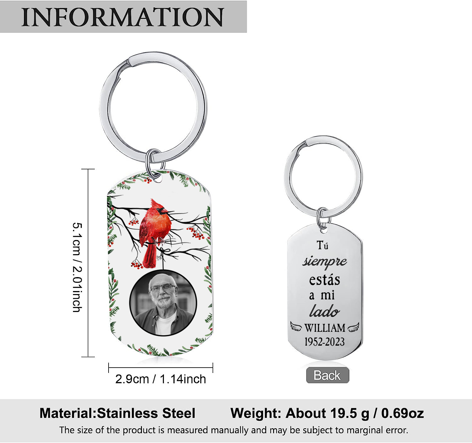 Llavero conmemorativo a un ser querido personalizado con foto, nombre y años-Jessemade ES