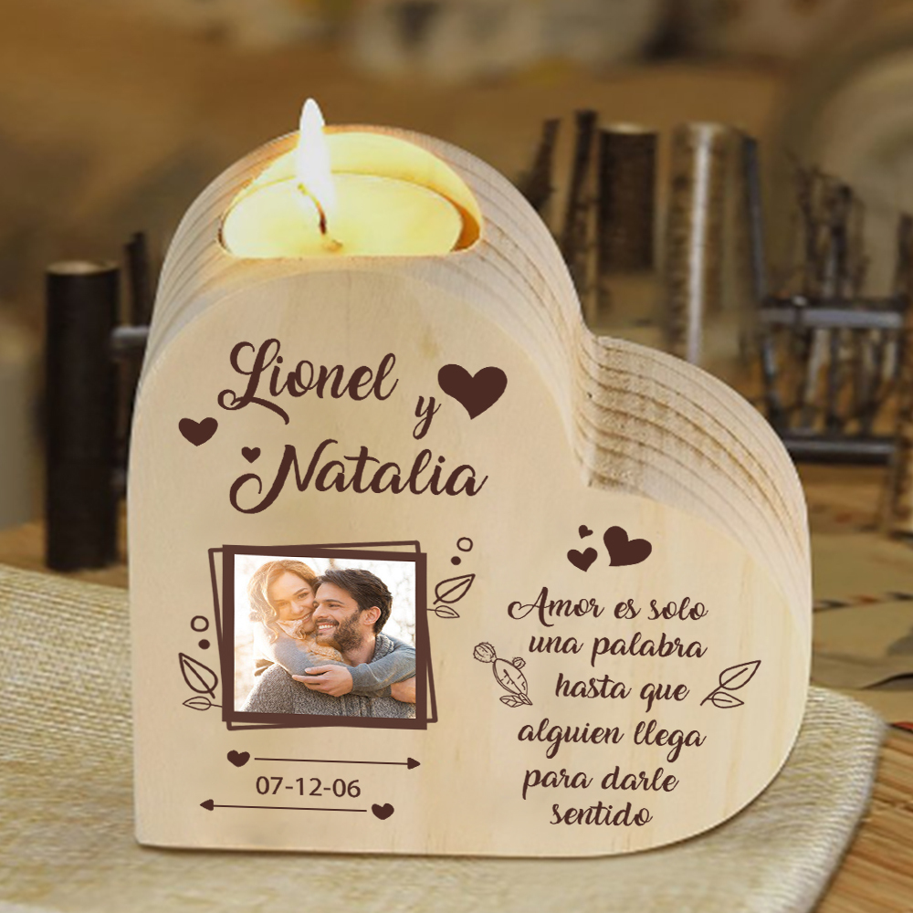 Candelero de madera con foto para pareja sin vela personalizado con texto y fecha-Jessemade ES