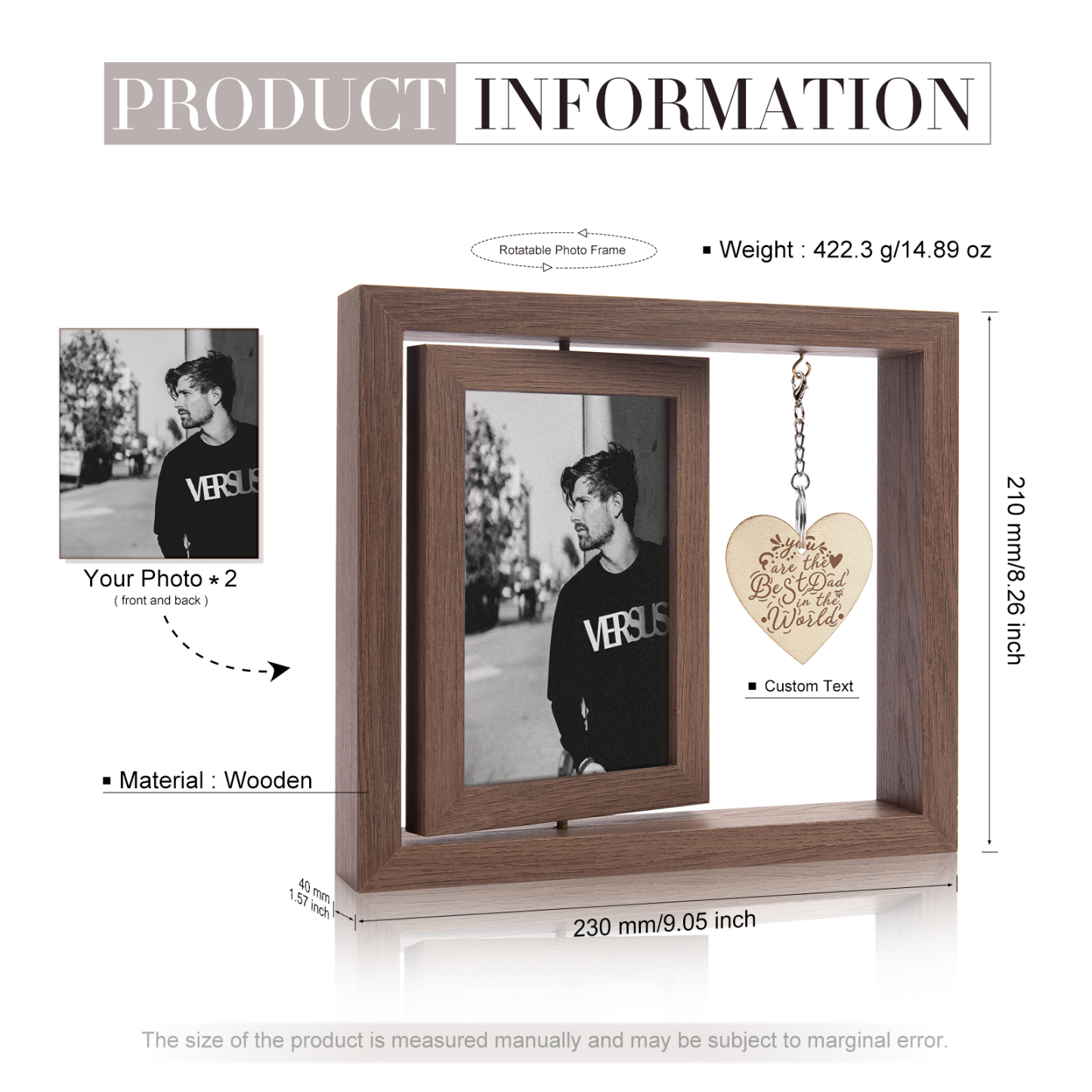 Adorno marco de madera 2 fotos y 1 texto personalizados-Jessemade ES