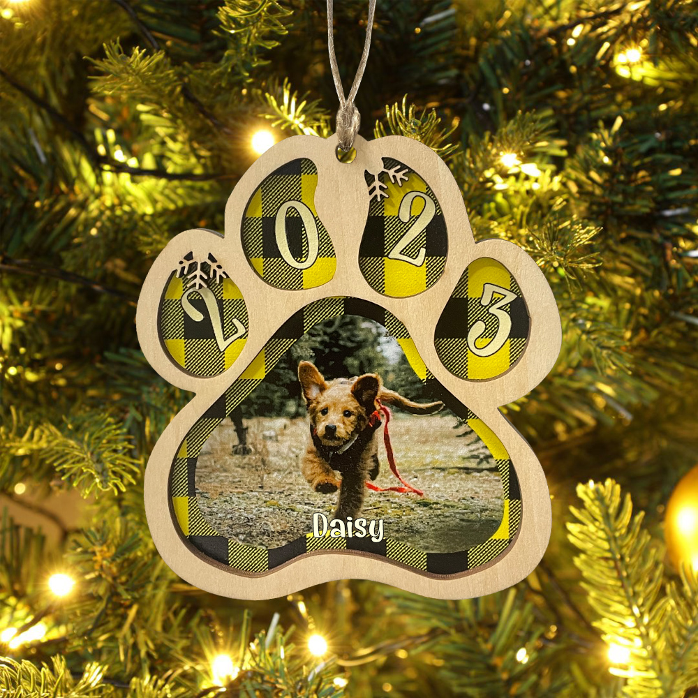 Navidad-Ornamento navideño de madera pata de perro con 1 nombre y 1 foto personalizados