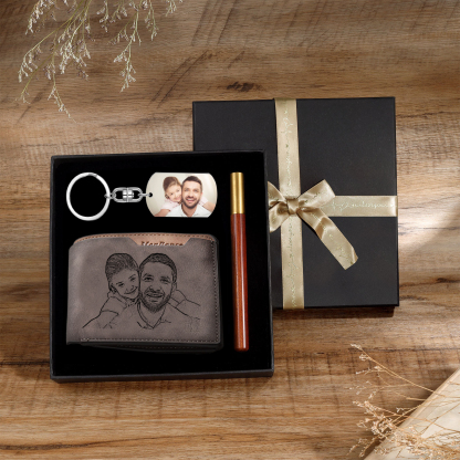 Kit de regalo-Llavero, cartera y bolígrafo con fecha y texto personalizados con 2 fotos para hombre-Jessemade ES