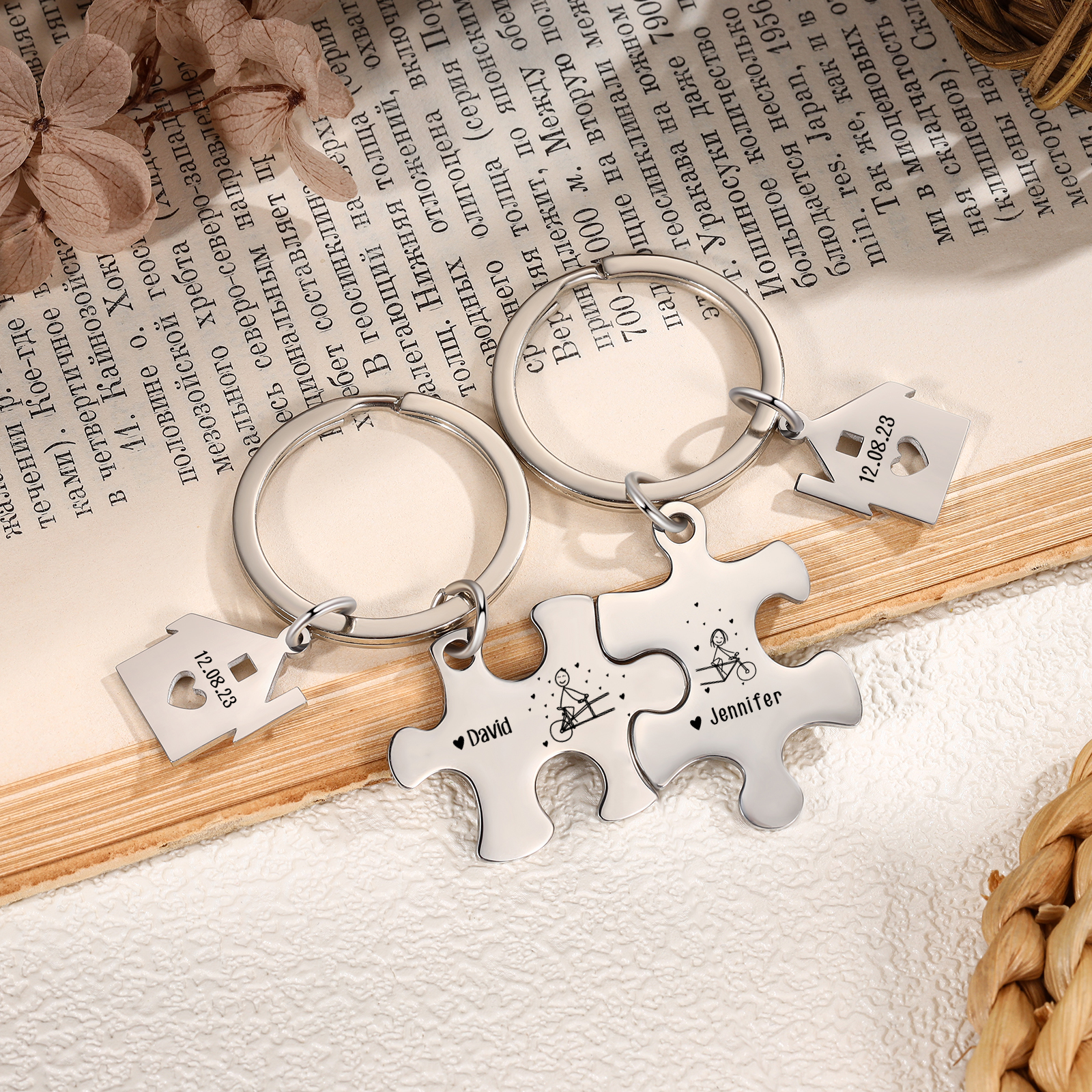 Llavero para pareja rompecabezas 2 nombres personalizados con fecha dije de casa-Jessemade ES