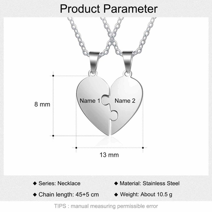 Collares de corazón 2 piezas de rompecabezas 2 nombres personalizados-Jessemade ES