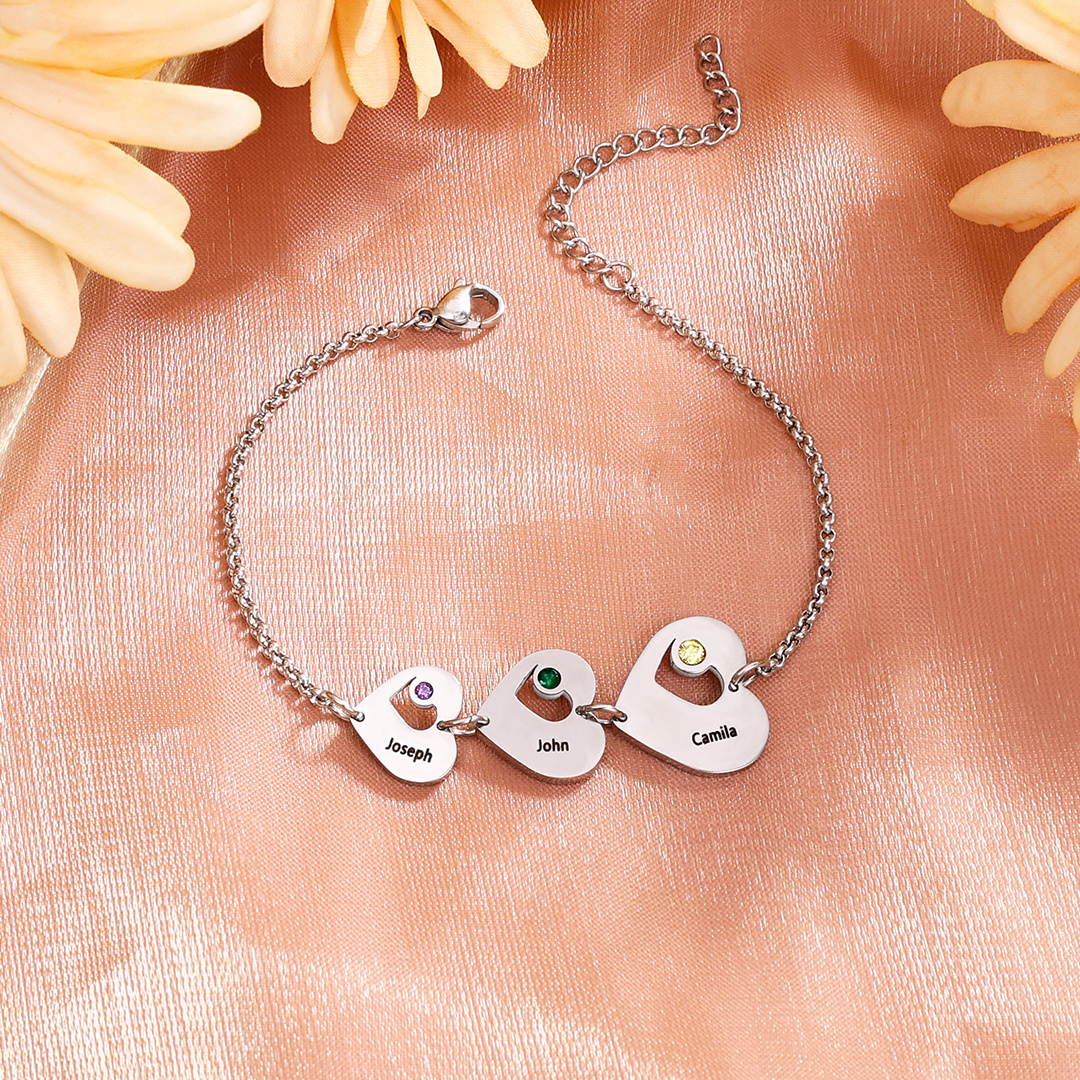 Pulsera de corazón personalizada con 5 nombres y 5 piedras de nacimiento-Jessemade ES