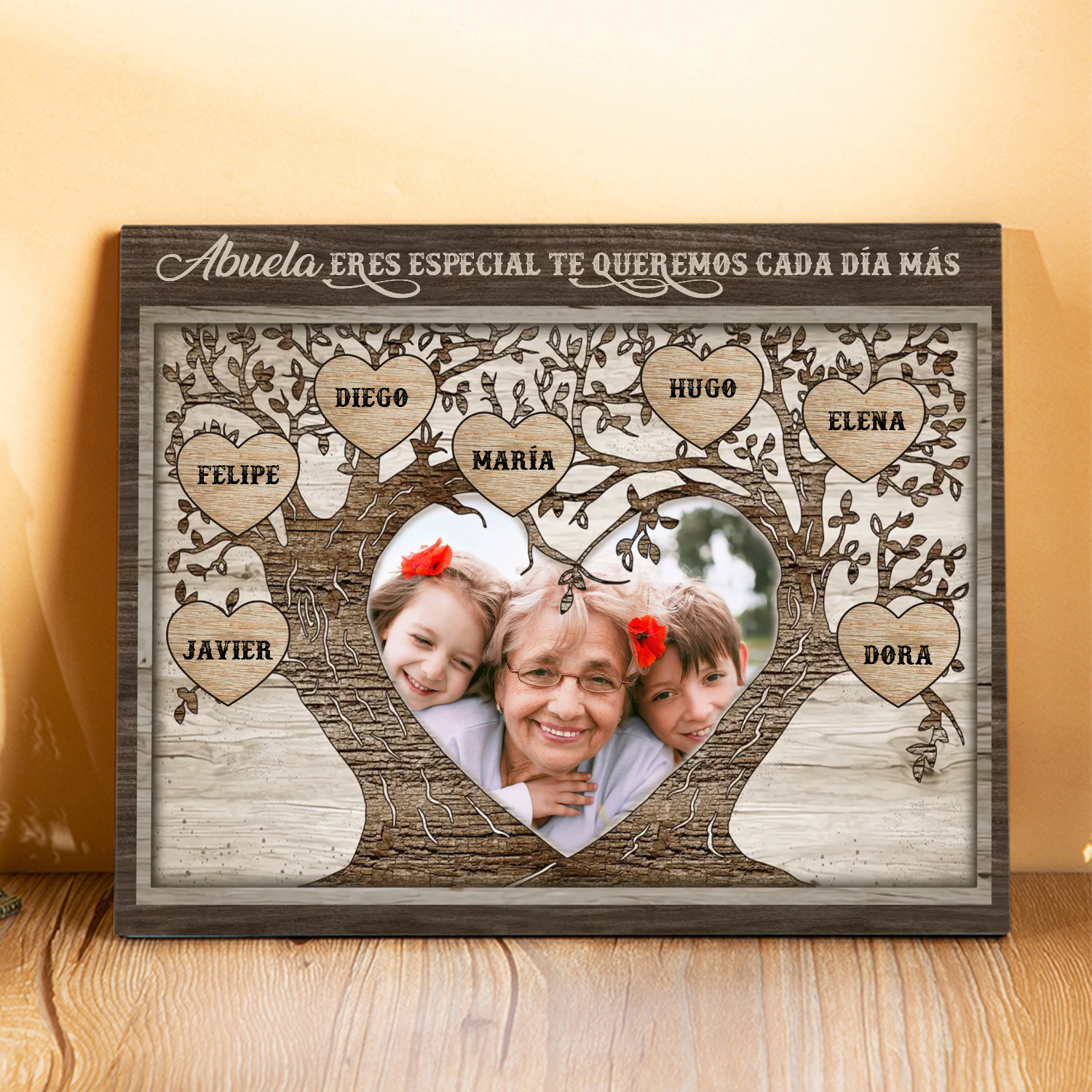 A familia - Lámina 2-9 nombres y 1 foto personalizados marco de madera árbol de la vida-Jessemade ES