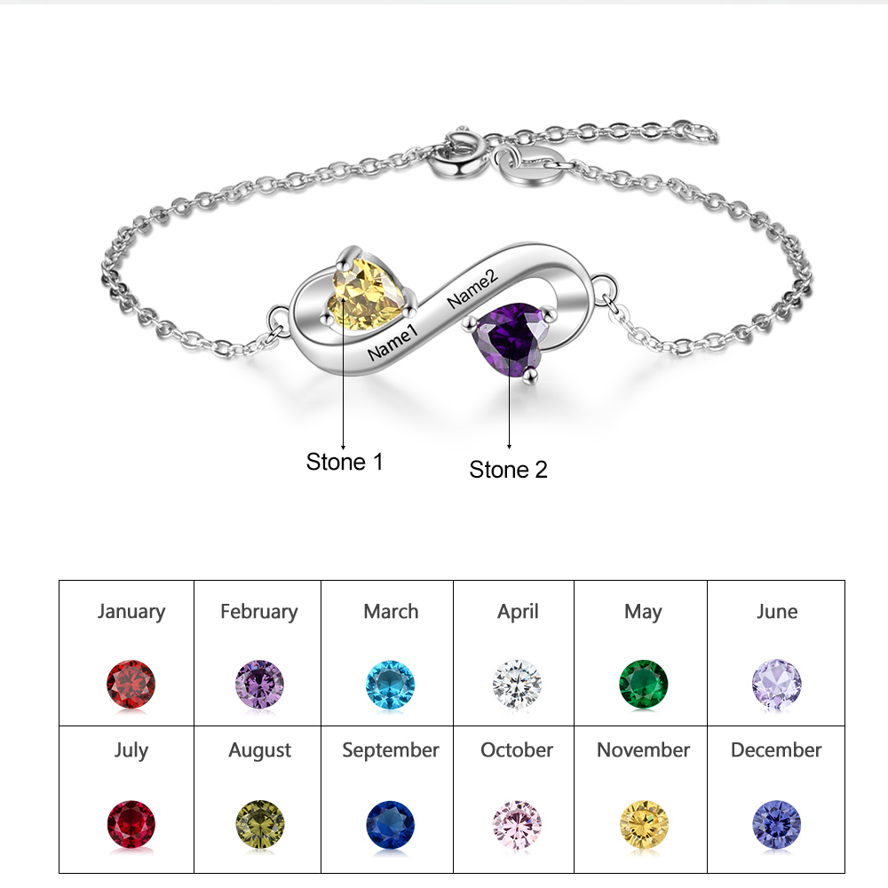 Pulsera infinito ajustable con 2 piedras de nacimiento y 2 nombres personalizados