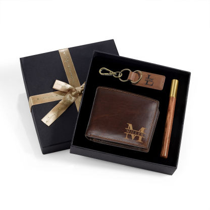 Kit de regalo-Llavero, cartera y bolígrafo con 2 nombres y 2 letras personalizados con 2 textos para hombre-Jessemade ES