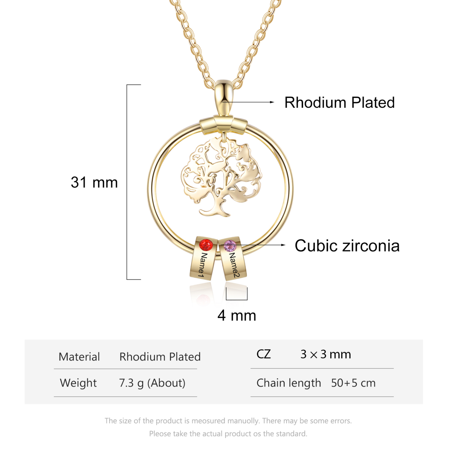 Collar con 1-5 círculos 1-5 piedras de nacimiento y nombres colgante de árbol de la vida oro rosa-Jessemade ES
