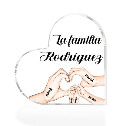 Placa de acrílico en forma de corazón mano a mano con 1 texto y 5 nombres personalizados-Jessemade ES