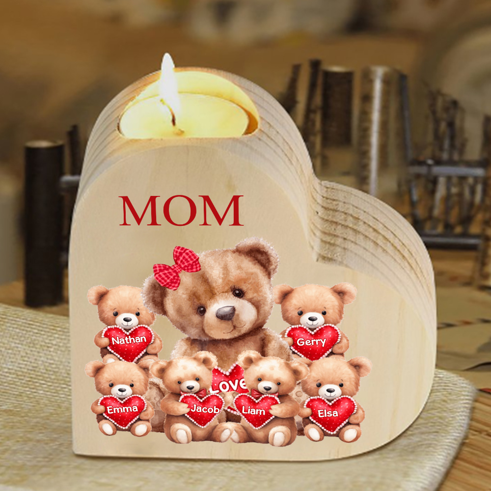 A mi mamá/abuela-Candelero osos 1-6 nombres y 1 texto personalizados en forma de corazón de madera sin candela-Jessemade ES