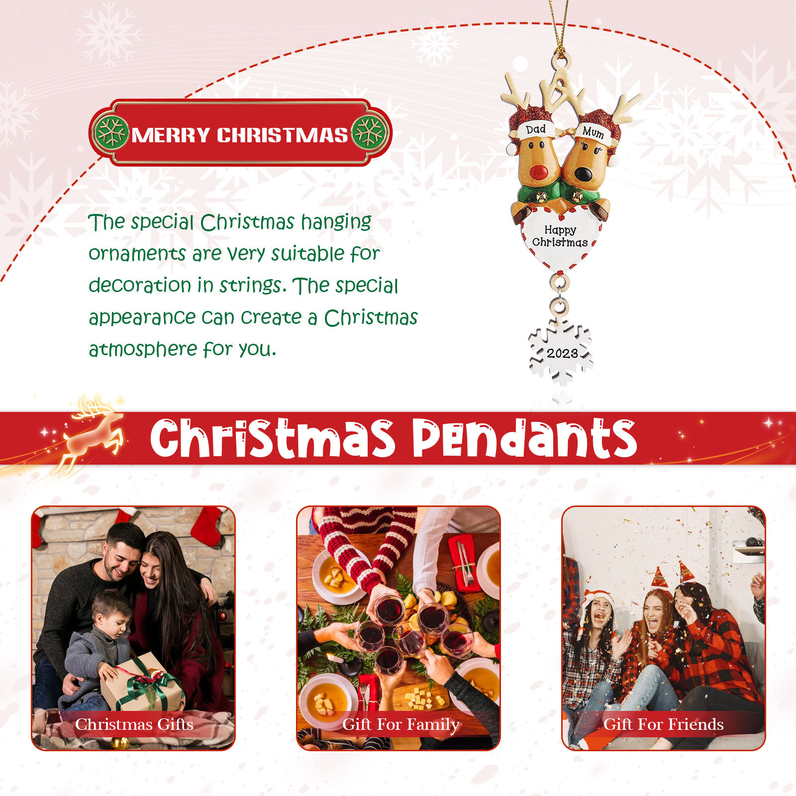 Navidad-Ornamentos Navideños de Madera Renos 2 Nombres con Texto y Año Personalizados