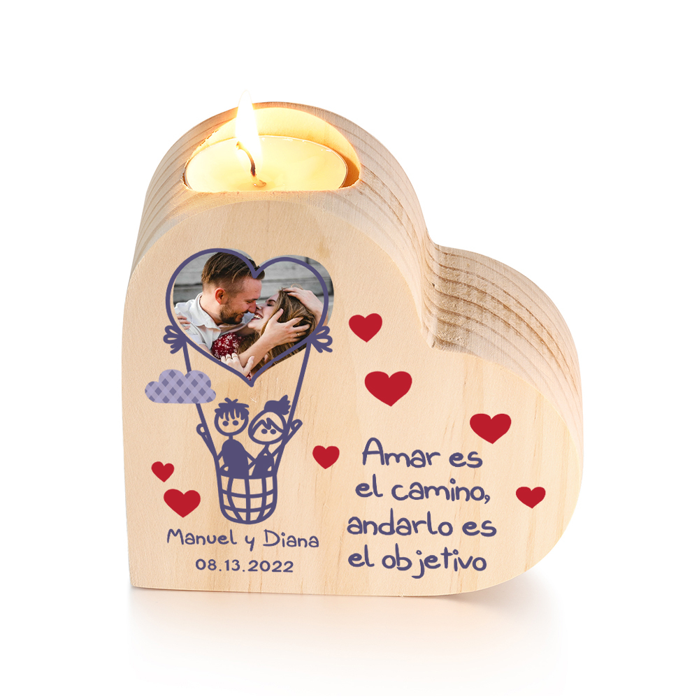 Candelero de madera globo aerostático para pareja sin vela personalizado con 2 nombres, fecha y foto-Jessemade ES