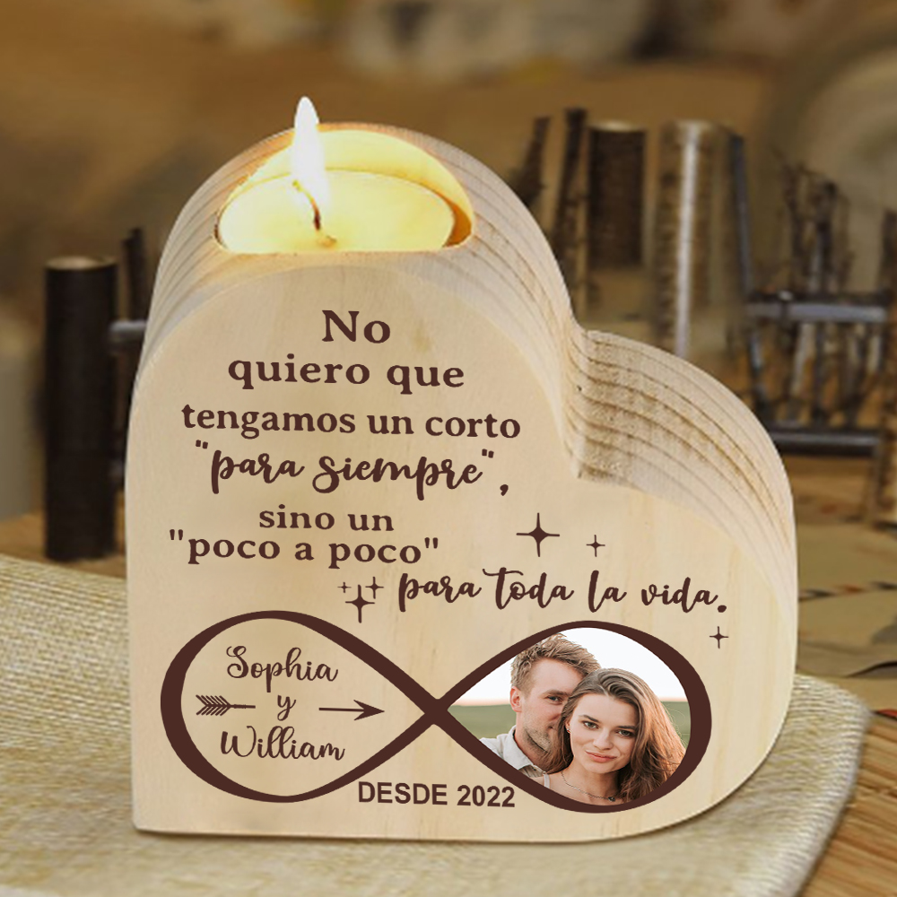 Candelero de madera infinito para pareja sin vela personalizado con 2 nombres, año y foto-Jessemade ES