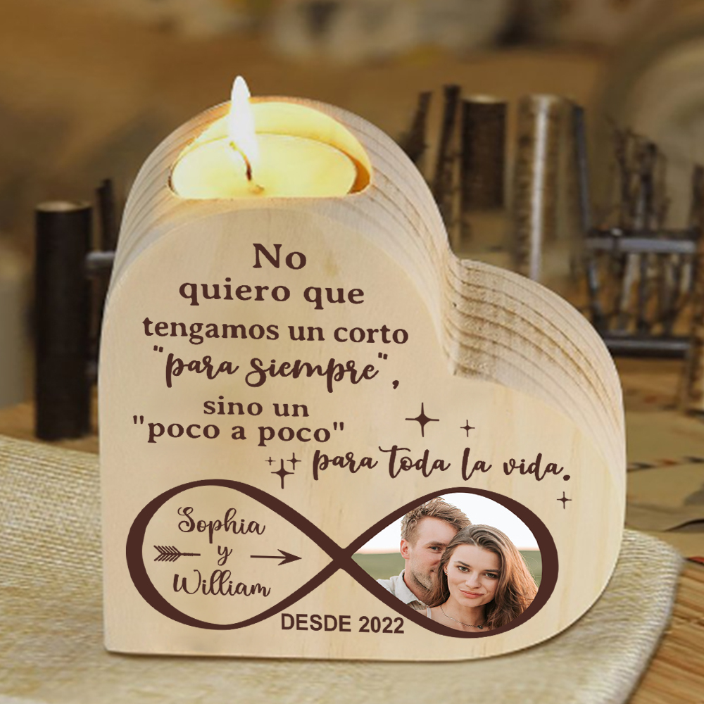 Candelero de madera infinito para pareja sin vela personalizado con 2 nombres, año y foto-Jessemade ES