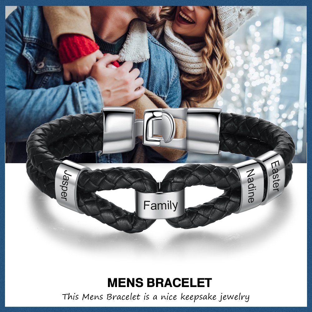 Pulsera 1-7 Nombres Personalizados de Cuero Trenzado con Aros-Jessemade ES