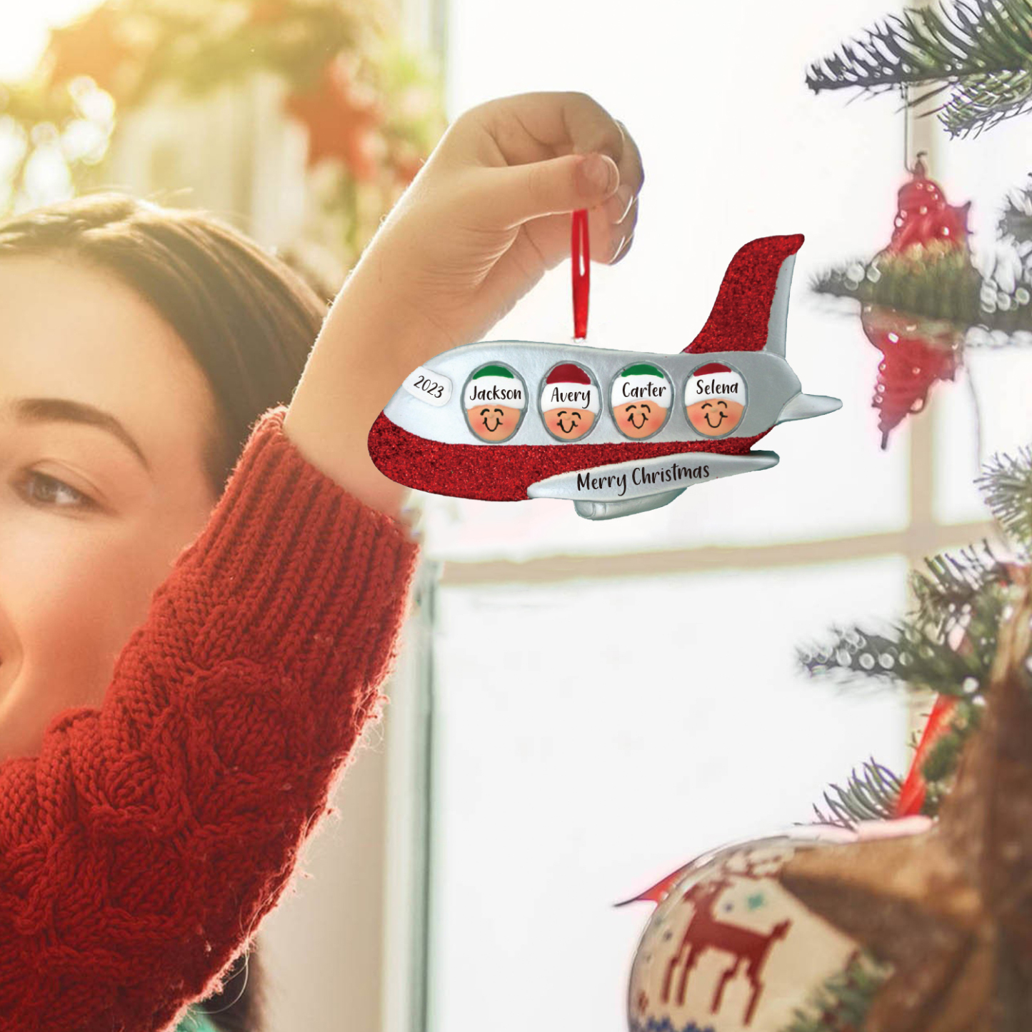 Navidad-Ornamento muñecos navideño de madera viaje en avión 4 nombres, 1 texto y 1 año personalizados adorno del árbol-Jessemade ES